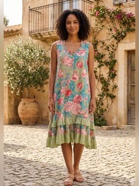 Papillon Boho Coastal Floral Tiered Midi Sleeveless Dress NWOT